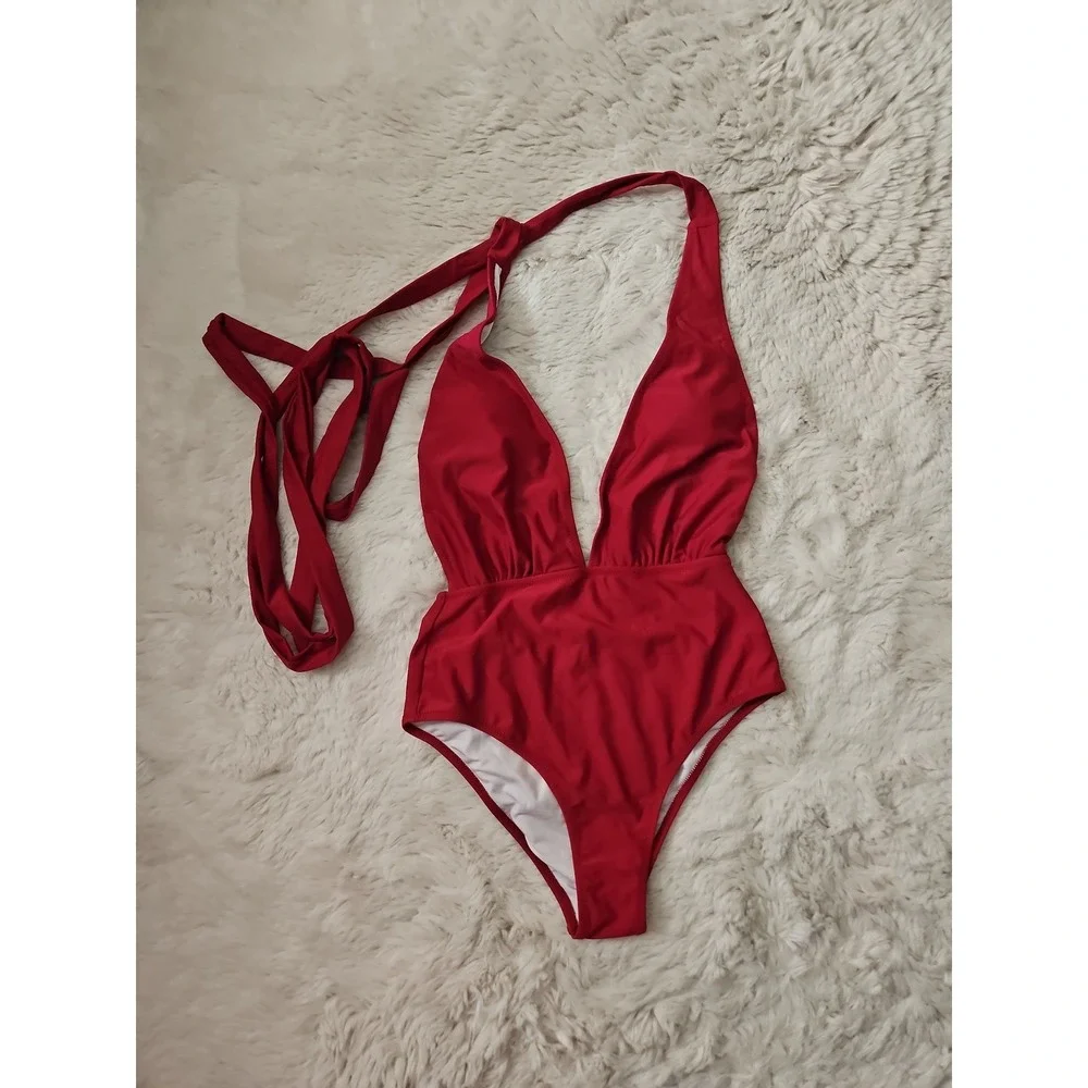CUPSHE Maroon Red Plunge V-Neck Halter One-Piece Swimsuit Size Small S